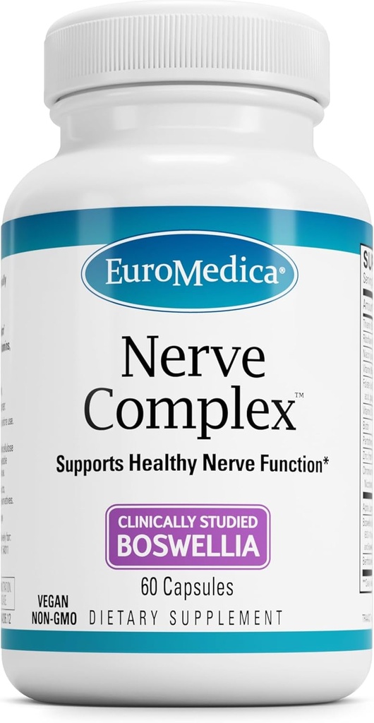 EuroMedica Nerve Complex - Βότανο συμπλήρωμα με Βιοενεργή βιταμίνη Β12 - Συμπληρώματα Υποστήριξης Κυκλοφορίας & Νεύρων - Κάψουλες Vegan με Boswellia Serrata - 60 Κάψουλες