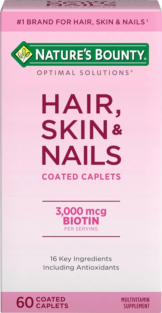 Nature's Bounty Optimal Solutions Saç, Skin & Nails Formula, 3.000 mcg Biotin, 60 Kaplamalı Caplets, 20 Toplam Hizmetler