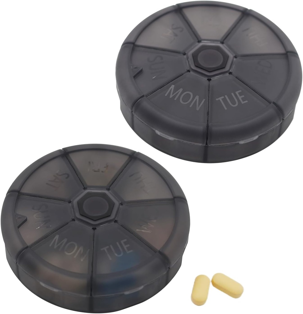 Portreatif Haftalık Pill Organizer 7 Günlük Pills Konteyner, Round Pill Case Travel Friendly, Daily Week Pill Hatırlanmış Vaka, Ted-Free Vitamin, Tamam, Fish Oil, Drug Planlayıcı (Black)