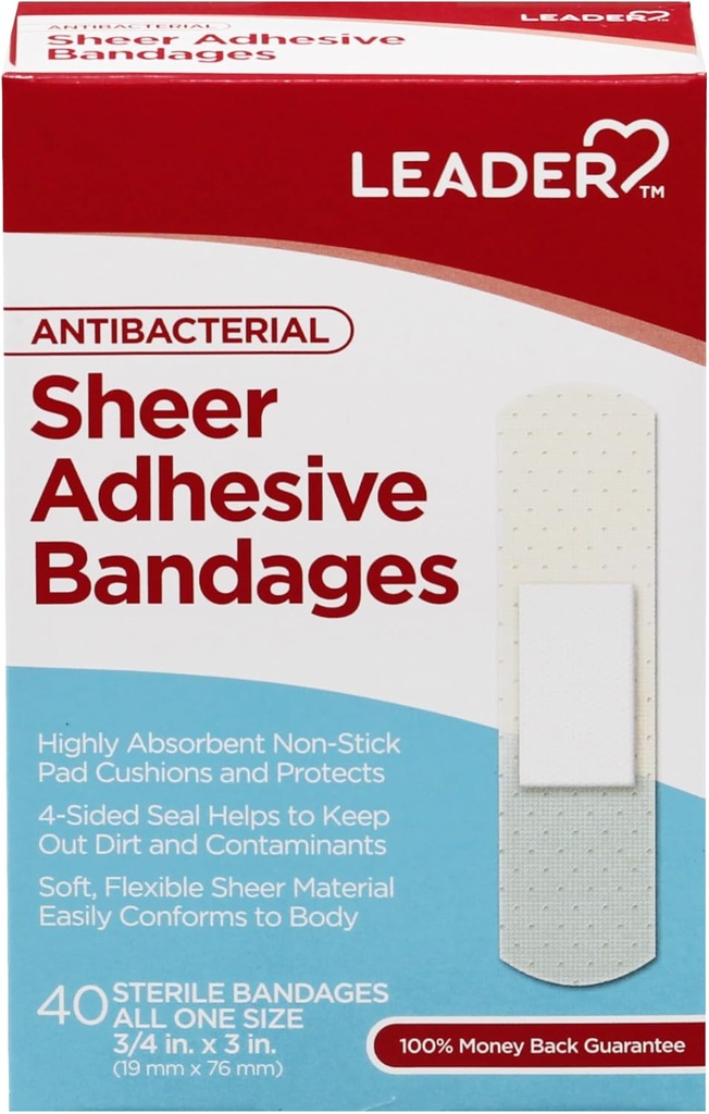 LEADER Sterile Sheer Adhesive Bandages, Latex Free, Blends with Skin, Βοηθά στην πρόληψη της μόλυνσης, Άνετη προστασία για πρώτες βοήθειες και φροντίδα τραύματος (3/4" x 3", 40 Count)