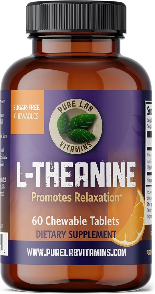 Pure Lab Vitamins L-Theanine 125 mg - 60 Sugar Free, Chewable Tabletler 30 Gün Supply | Rahatlama, Ruh Focus | Kanada'da Yapılan Uyku Kalitesini Geliştiriyor