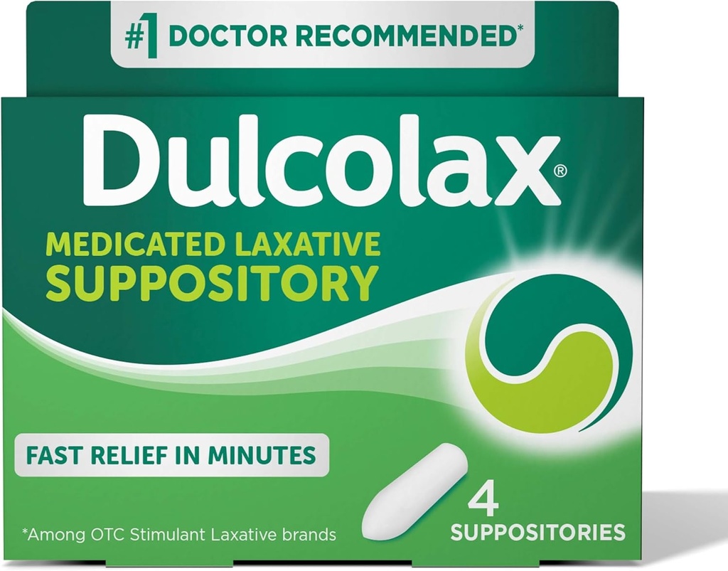 Dulcolax Stimulant Laxative Medicated Suppositories, Predictable & effective Constipation Relief, Bisacodyl 10 mg, 4 Kont Count Count Count Count