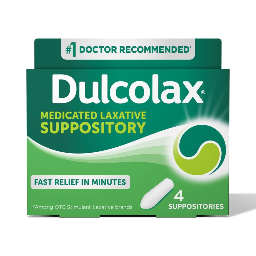 Dulcolax Stimulant Laxative Medicated Suppositories, Predictable & effective Constipation Relief, Bisacodyl 10 mg, 4 Kont Count Count Count Count