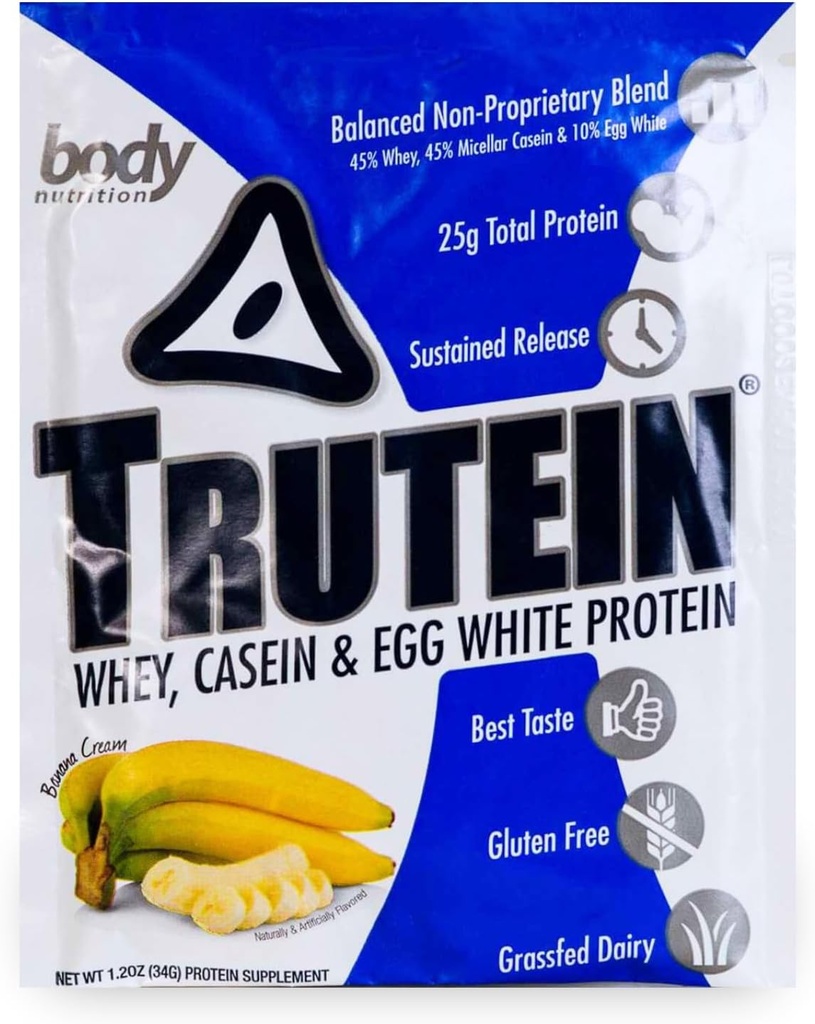 Vücut Beslenme Trutein Yüksek Protein Tozu:% 45 Whey,% 45 Casein,% 10 Egg White, Gluten-Free, Low sodyum, Grass Fed Whey Protein Toz, Gym Supplement & Breakfast Shake, Banana Cream, 34g Örnek
