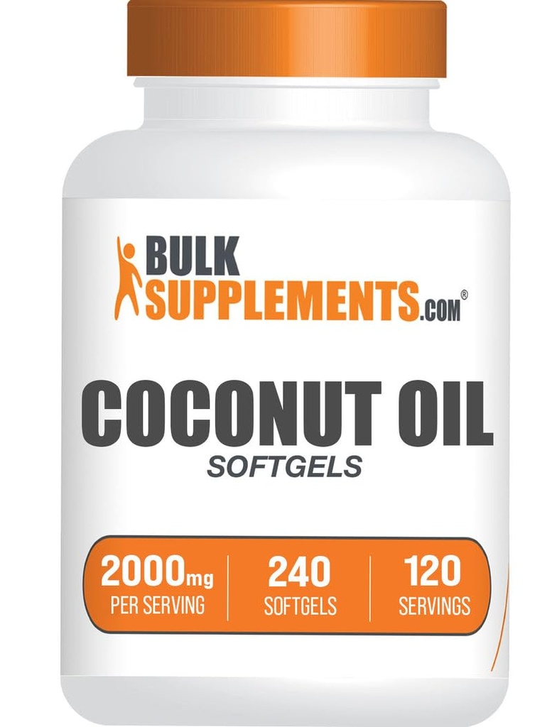 BulkSupplements.com Coconut Oil Softgels - Cold Pressed Coconut Oil for Hair and Skin Support, Herbal Supplement - Gluten Free, 2 Softgels per Service (2000 mg), 240 Count (Pack of 1)