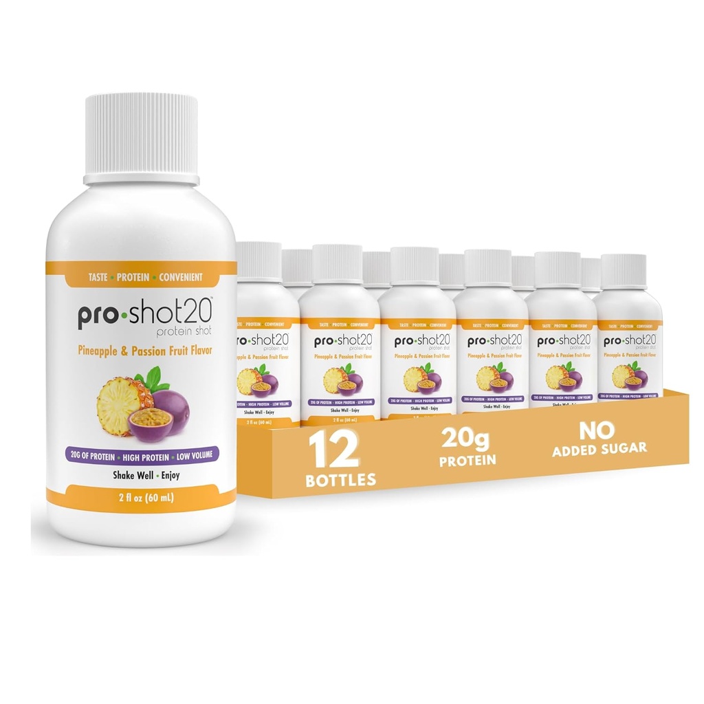 Pro-Shot20 Protein Shot Pineapple & Passion Fruit Flavor, 60 mL, 12Pack- 20g Whey Protein & Hydrolyzed Collagen Drink- Low Calorie, Low Carb, Gluten Free, No Aspartame, Ready to Drink