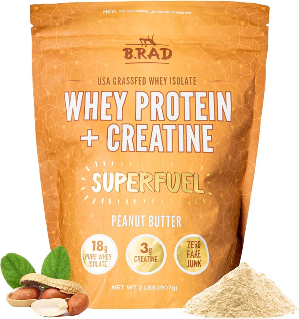 B.rad Superfuel - Grass Fed Whey proteini | Farm-Fresh, Easy-to-Digest, Clean Materialss | 2 Pounds | 100% USA Sourced | Peanut Butter