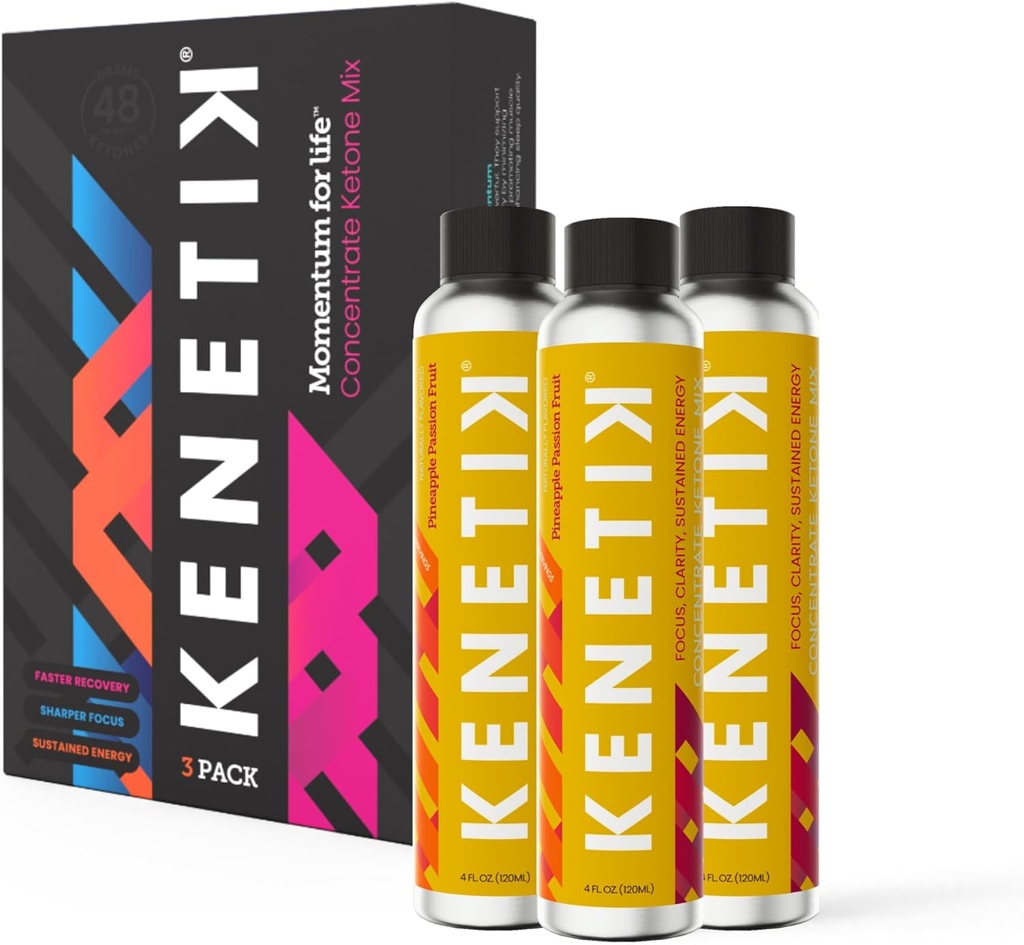 Kenetik Ketone Drink Mix, Exogenous Ketones Blend, Keto, Caffeine & Sugar Free, Vegan Nootropics Brain Supplement for Memory and Focus, D-BHB Ketones - Ανανάς Passionfruit, 3PK (12 Servings)