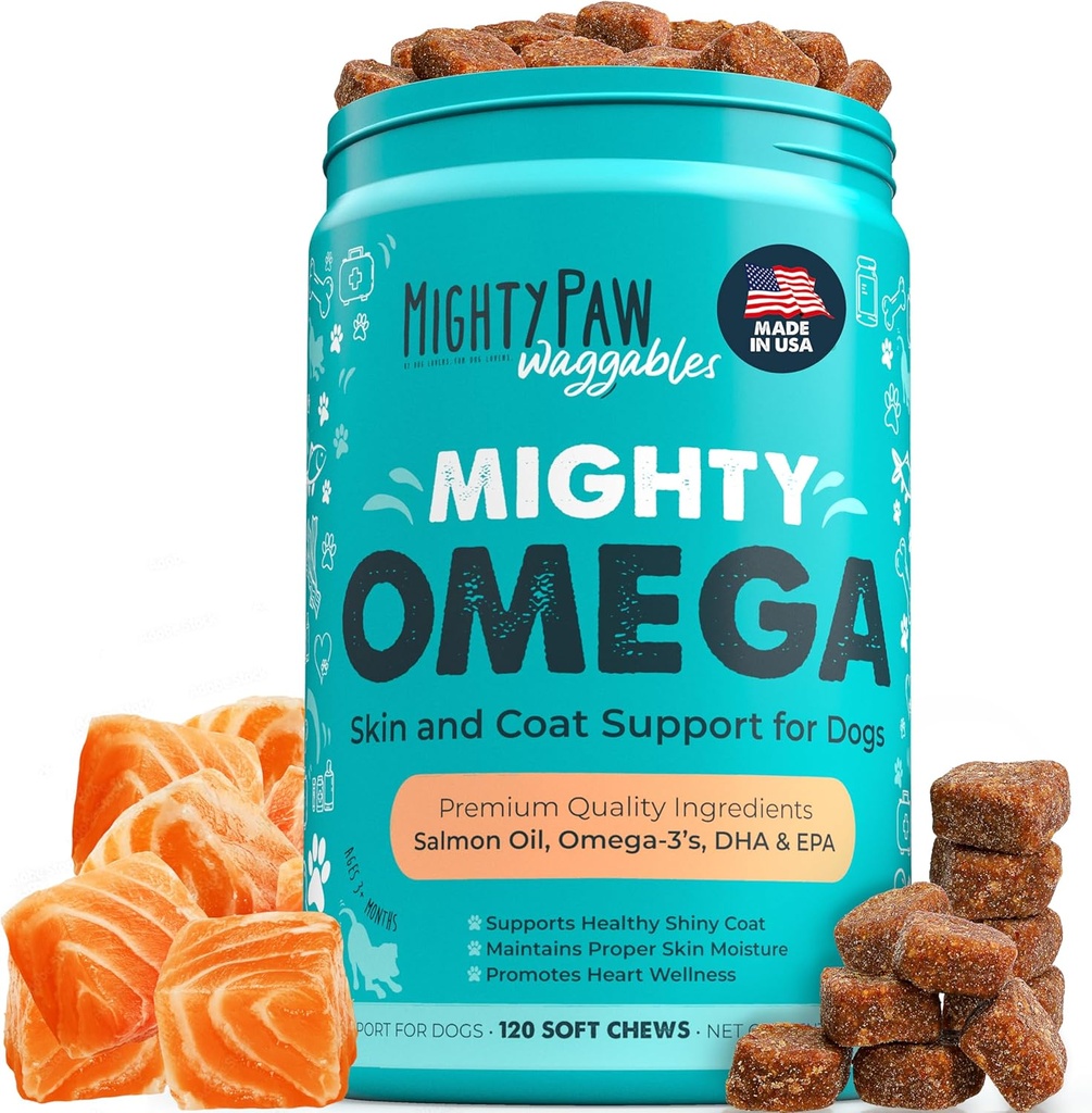Mighty Paw Waggables Mighty Omega (Made in the USA, 120 Count) | Omega 3 Fish Oil Chew for Dogs. Salmon Flavor Skin ve Coat Supplement Supplement. Köpekler için Yumuşak Chew Fish Oil - DHA & EPA, Bacon Flavor