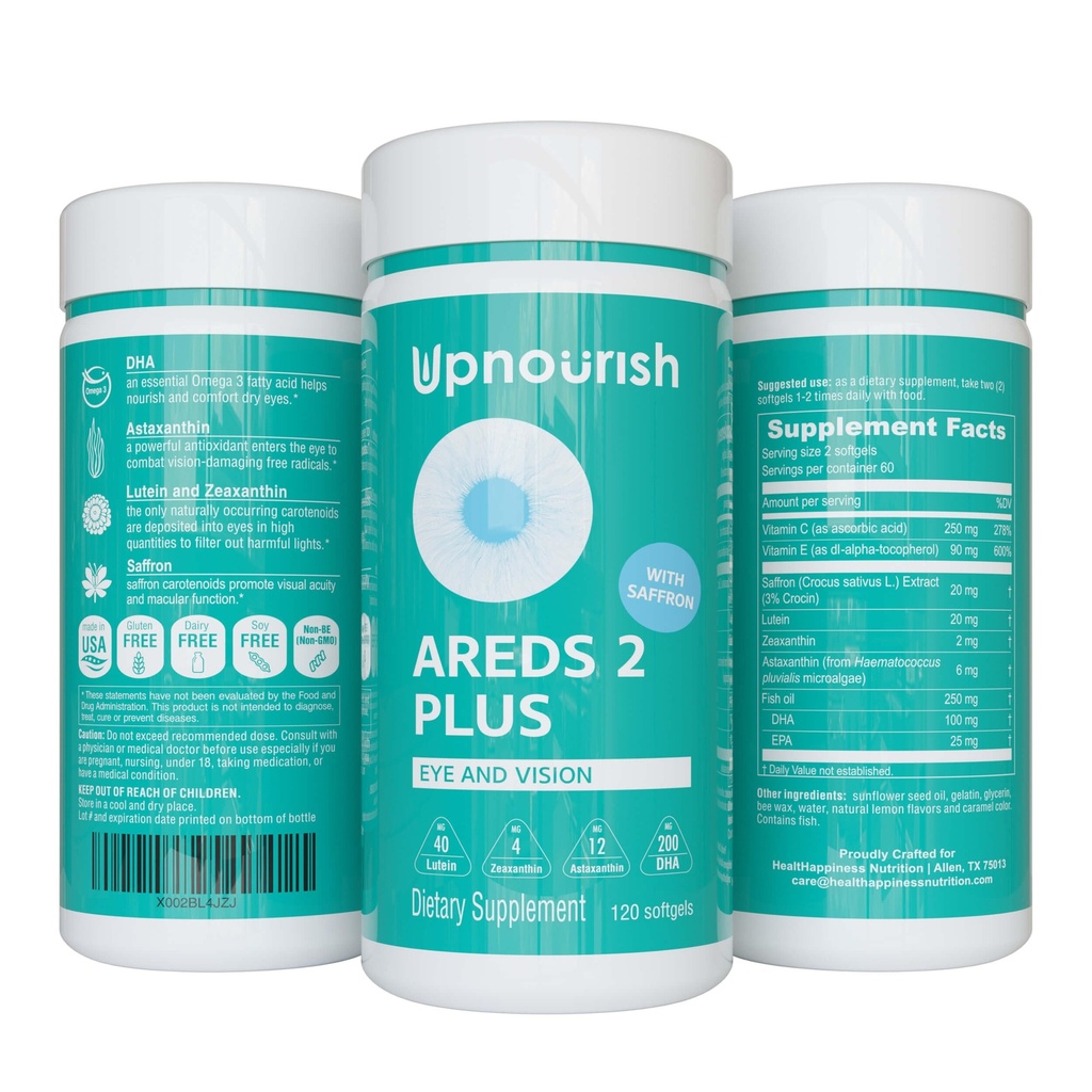 UpNourish AREDS (στα Αγγλικά) 2+ - Advanced Eye Vitamin Supplement for Macular Health and Dry Eye - Lutein, Zeaxanthin, Saffron, Aspaxanthin & DHA - Υποστηρίζει Eye Strain, Pressure, Night Vision - 120 softgels