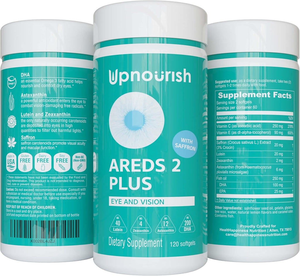 UpNourish AREDS 2+ - Macular Health ve Kuru Eye için Gelişmiş Göz Vitamini - Lutein, Zeaxanthin, Saffron, Astaxanthin & DHA - Destekler Eye Strain, Baskı, Night Vision - 120 yumuşakgels