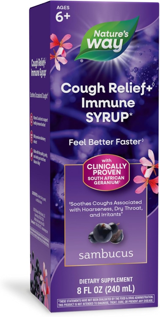 Ο Δρόμος της Φύσης Sambucus Cough Relief +(1) Ανοσοποιητικό Σιρόπι *, Νιώσε Καλύτερα Πιο Γρήγορο(1), Κλινικά Αποδεδειγμένο Γεράνιο της Νότιας Αφρικής, με Εκχύλισμα Βατόμουρου, Βιταμίνη C & Ψευδάργυρο, 8 Οζ (Packaging May Vary)