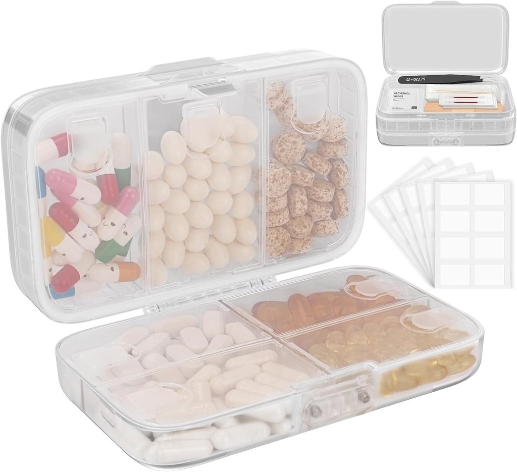 FYY Weekly Pill Organizer with Etiketler,8 Karşılaştırmalar Seyahat Günlük Pill Case Airtight Moistureproof Büyük Pill Box to Hold Vitamins, Fish Oil, Supplements,Cotton Swab ve Bandages-Clear