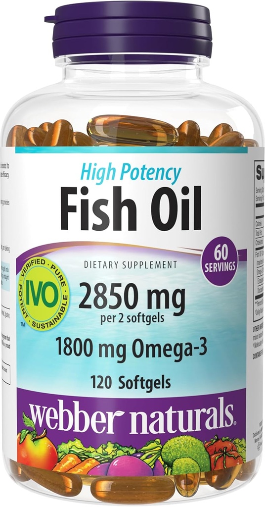 Webber Naturals Fish Oil 2850 mg, High Potency, 800 mg Omega-3 hizmet başına, 120 Clear Enteric Softgels, No Fishy Aftertaste, Ultra-Purified, Supports Heart, Cognitive, and Joint Health