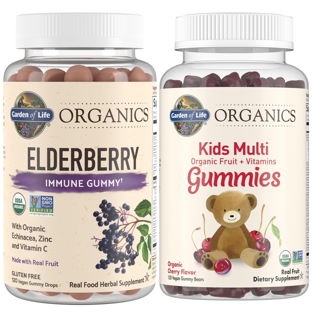 Life Organics Kids Immune Sche - Elder Immune Support Gummies (120 Count) + sertifikalı Organik Çocuklar Multivitamin Gummies, Non-GMO, Gluten Free, Cherry (120 Count)