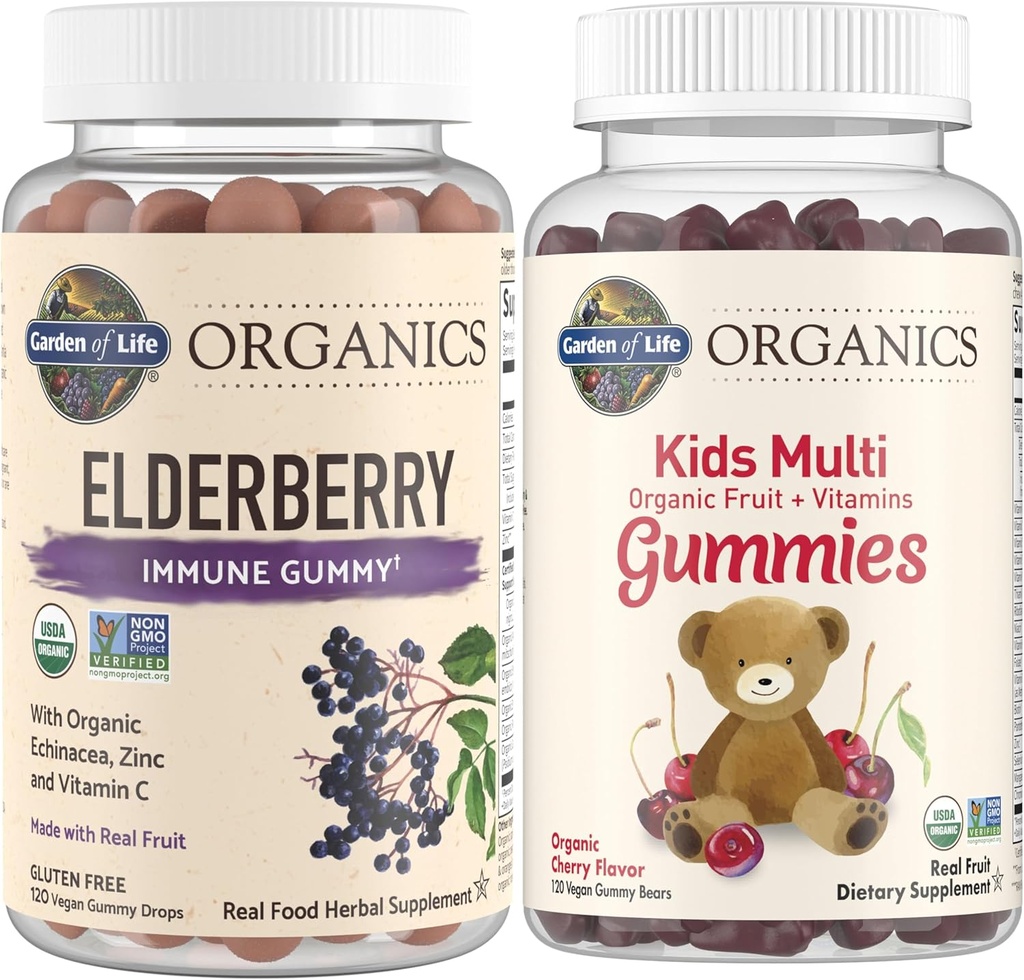 Life Organics Kids Immune Sche - Elder Immune Support Gummies (120 Count) + sertifikalı Organik Çocuklar Multivitamin Gummies, Non-GMO, Gluten Free, Cherry (120 Count)