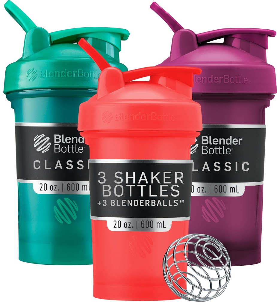 BlenderBottle Classic V2 Shaker Şişe Protein Shakes ve Pre Workout, 20Ounce (3 Pack), Red, Green, Plant