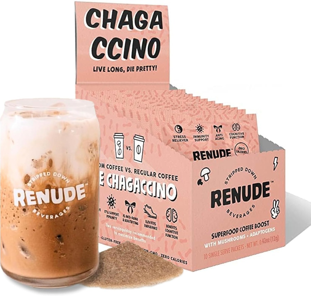 Renude Chagaccino - Chaga Mushroom Powder, Mushroom Coffee Drink Mix with Adaptogens, Natural Energy and Immune Support, Vegan, Keto, Zero Calorie Mushroom Blend Powder - 10 Services