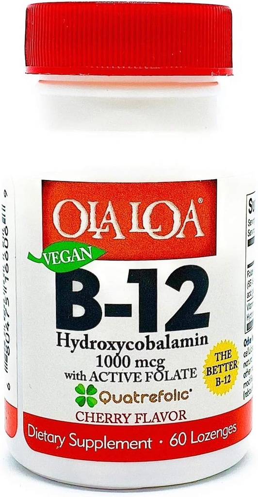 Ola Loa Vitamin B12 Sublingual Cherry Diyetary Supplement - HydroxyCobalamin, Active Folate, Vegan Formula - Vücut Enerjinizi, Nerve ve Beyin Desteğinizi Destekleyin - 60 Tabletler