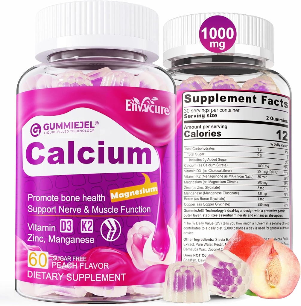 Kadınlar ve Erkekler 1000 mg için şeker Freeuba Citrate Gummies, D3 K2, Magnezyum, çinko, Boron, Mangane Mangane, Copper, Ultimate Aborsica Supplements for Bone, Muscle & Immune - Vegan, 60 Count