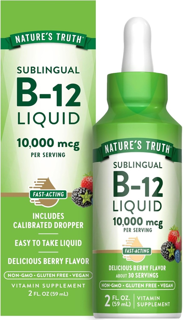 Nature's Truth B12 Sublingual Liquid Drops | 10.000 mcg | 2 oz | Hızlı Acting | Vegan, Non-GMO & Gluten Free