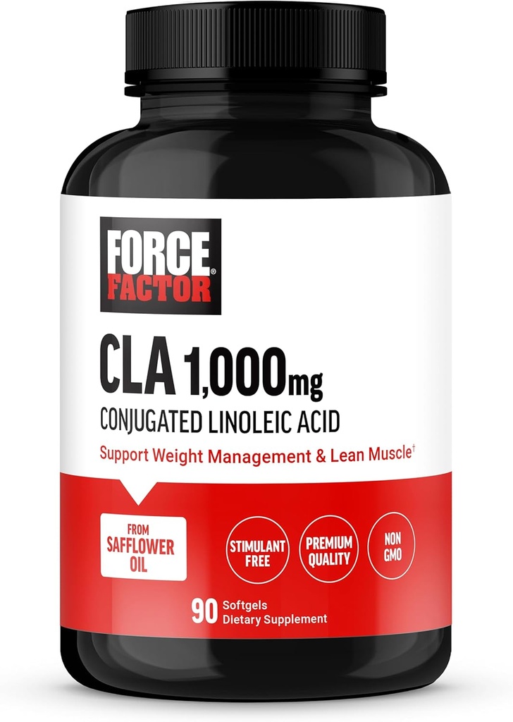FORCE FACTOR CLA Supplements, CLA 1000 mg, Conjugated Linoleic Acid to Support Body Piano and Lean Muscle Mass, Made from Safflower Oil, Stimulant Free, Non-GMO, 90 Softgels