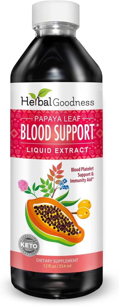 Papaya Leaf Blood Support Liquid - 15X Strength - Papaya Leaf Ekstraksiyon - Sağlıklı Plaklar, Kan Temiz, Digestion, Papaya Enzyme -12oz Liquid - Herbal Goodness (1 bttl)