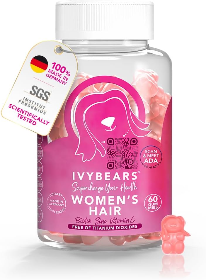 IvyBears Women's Hair Vitamin Gummies with Komplek Biotin, Collagen, Folic Acid, B7, and Keratin for Hair, Skin & Nails - Vegan Saç Büyüme ve% 100 Vitamin Boost - 60 Kont, 1 Ay Supply