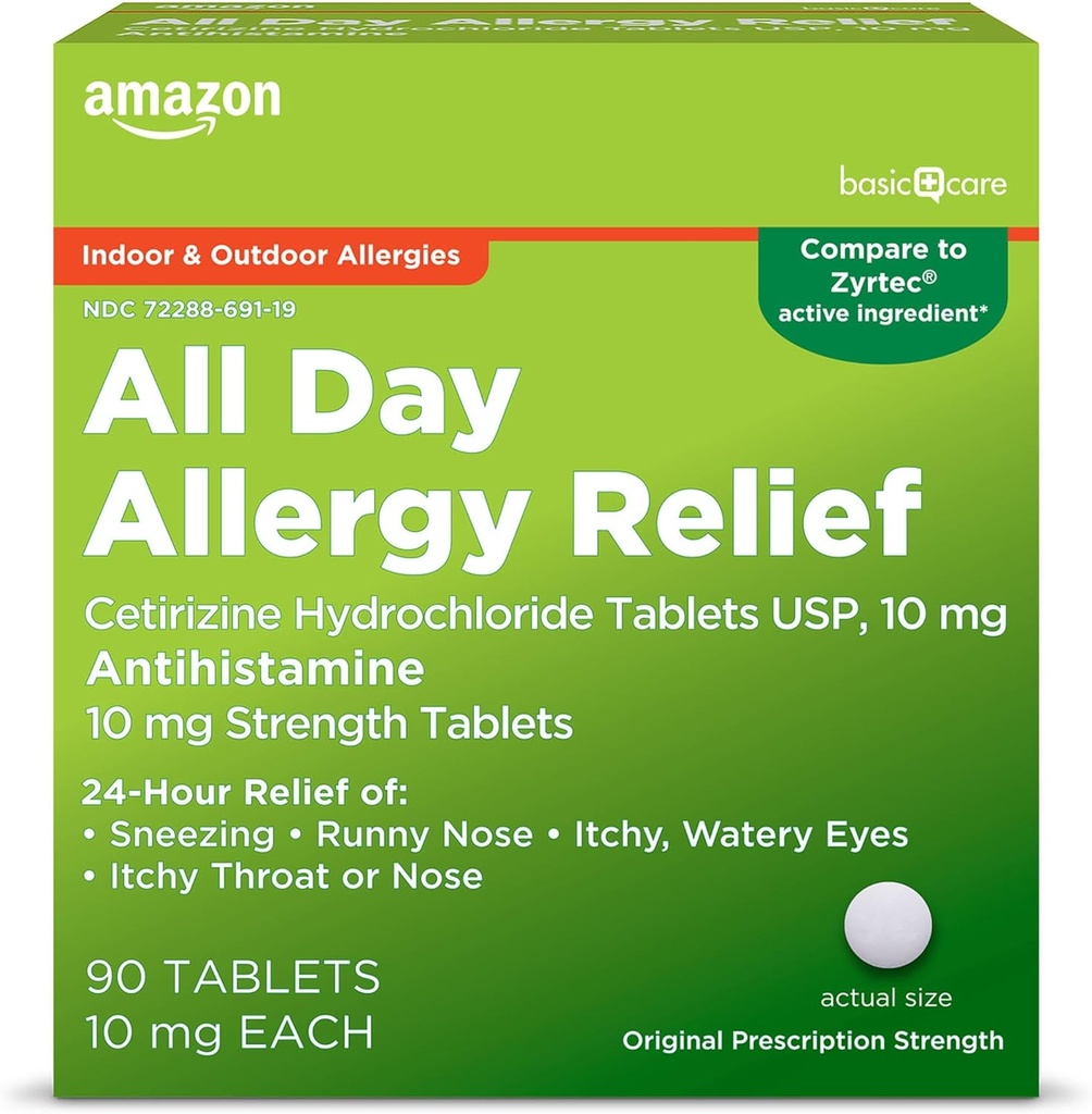 Temel Bakım Tüm Gün Alerjileri, Cetirizine Tablet Tabletleri, 10 mg, Antihistamin, 90 Kont (Pazarlama değişebilir)