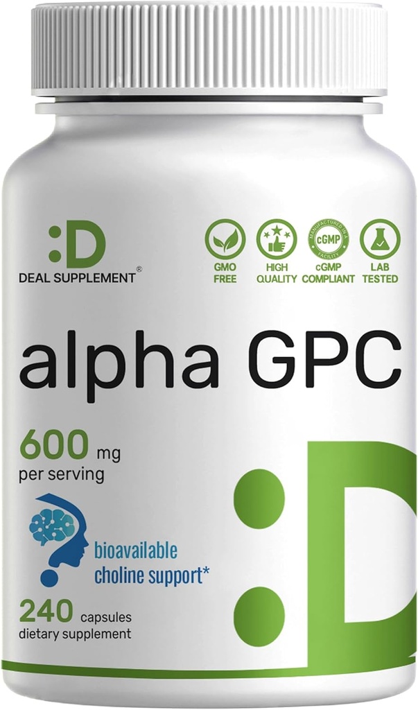 Alpha GPC 600 mg Oda başına 240 Capsules – Bio available Choline Replenishment – Nootropic Brain Health Supplements for Memory and Focus – Non-GMO, Gluten Free