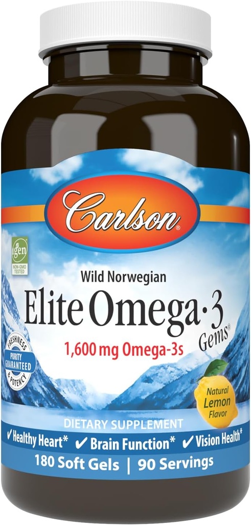 Carlson - Elite Omega-3 Gems, 1600 mg Omega-3 Συμπεριλαμβανομένων των EPA και DHA, Νορβηγικά, Συμπληρώματα ιχθυελαίου Αγριας Αγοράς, Με Βιώσιμη προέλευση, λεμόνι, 180 Softgels
