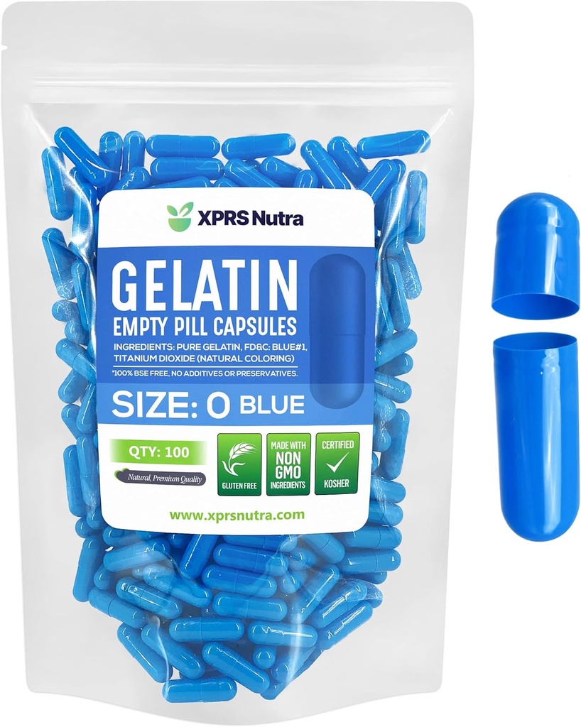 XPRS Nutra Size 0 Empty Capsules - 100 Count Empty Gelatin Capsules - Pills DIY Capsule Filling - Pure Bovine Pill Gel Caps for Do-It-Yourself Supplements (Blue)