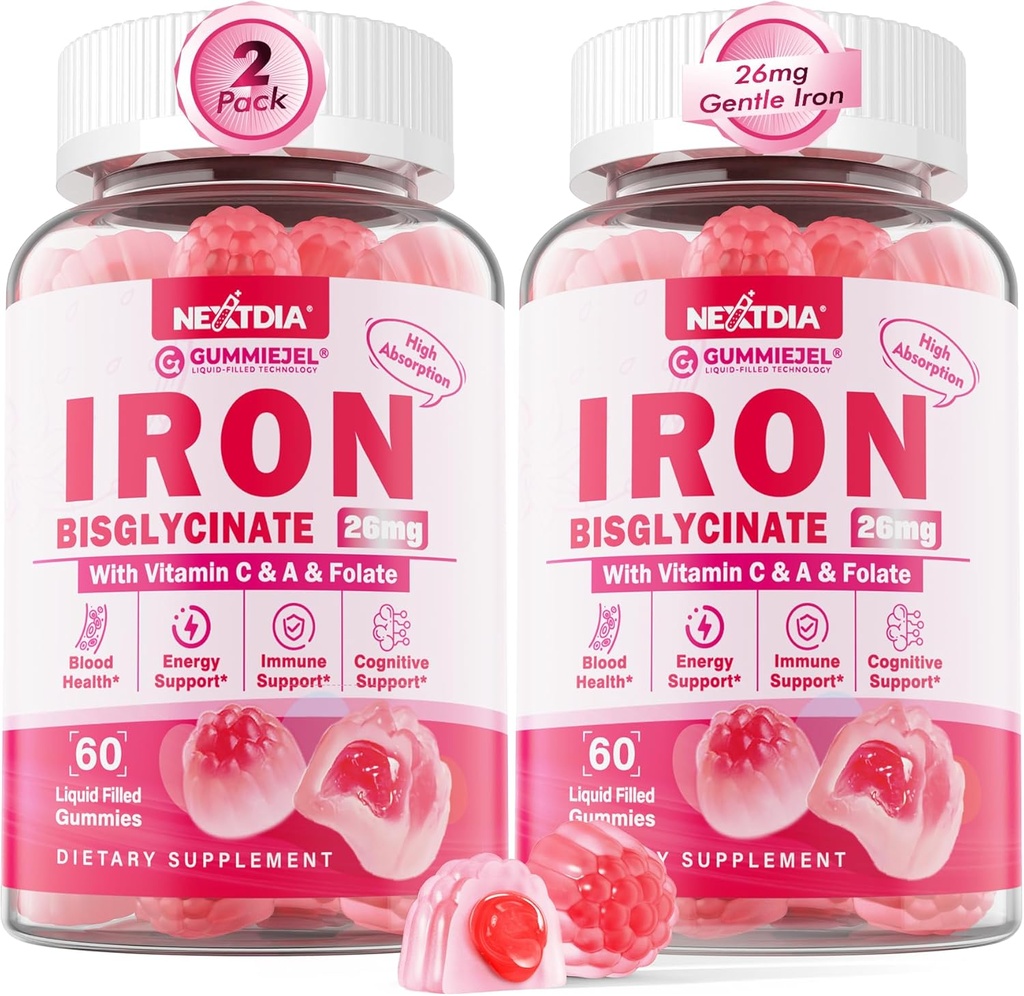 Συμπληρώματα Vegan Iron Gummies για γυναίκες & άνδρες - w/Vitamin C Folate B12 Ψευδάργυρος για ενήλικες & παιδιά, Μασώμενος Απαλός Σιδήρος για έλλειψη σιδήρου, Ενίσχυση ενέργειας, Μη Συντηρητικό & Μετά τη Γεύση, Χωρίς ζάχαρη 2 Pack