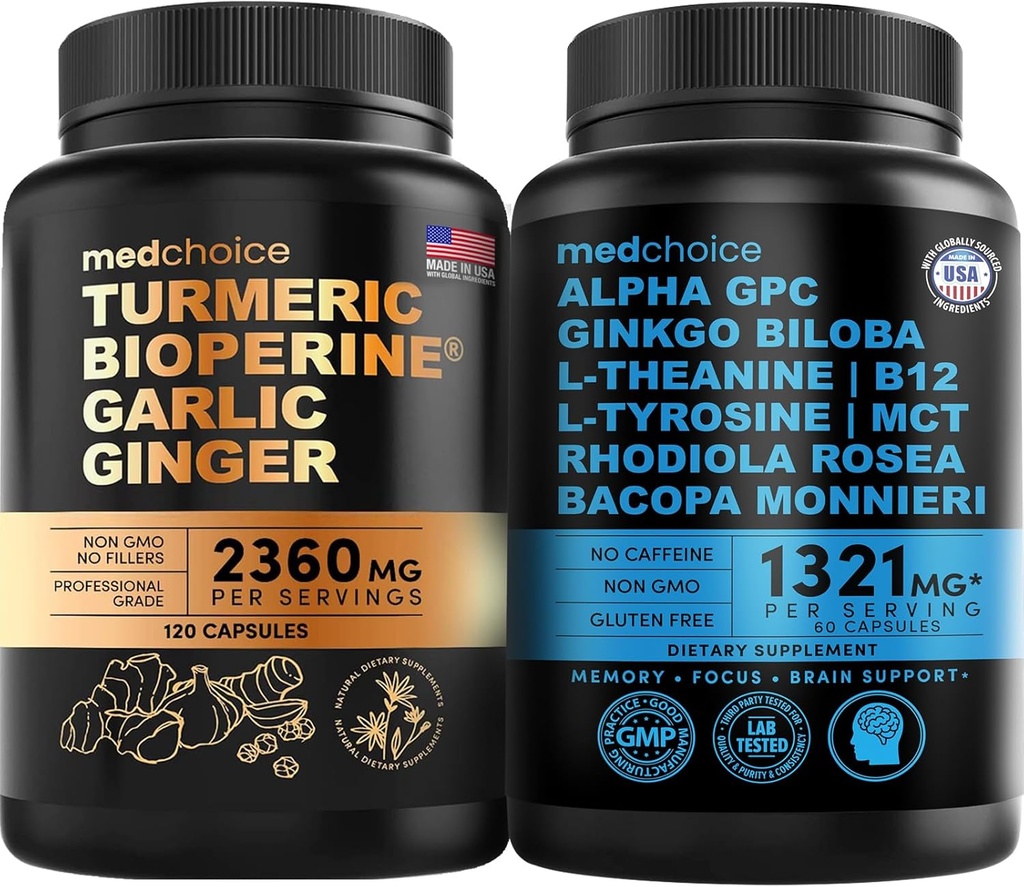 MEDCHOICE Turmeric & Ginger (120ct) και Nootropic Brain (60ct) Συμπλήρωμα Bundle - Wellness Duo για το Joint, Digestion, Brain, & Mood Support - Vegan, Non-GMO, Gluten-free