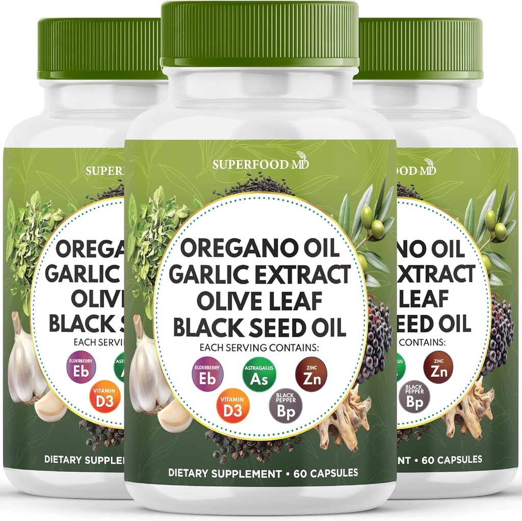 Oregano Oil Olive Extract Olive Leaf Black Seed Oil Astragalus - Kadınlar ve Erkekler için Destek Supplement - 180 Count