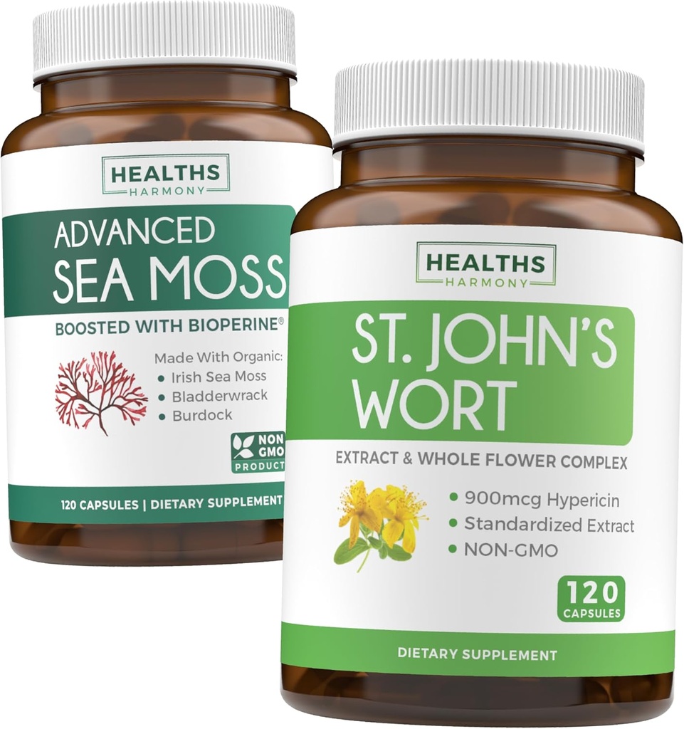 Sea Moss & St. John's Wort (2-Month Supply) Mood Moss Blend - Organik İrlandalı Deniz Moss - Raw Vegan Supplement (120 Caps) & St John's Wort Güçlü 900 Findicin Vegan Non-GMO (120 Capsules)