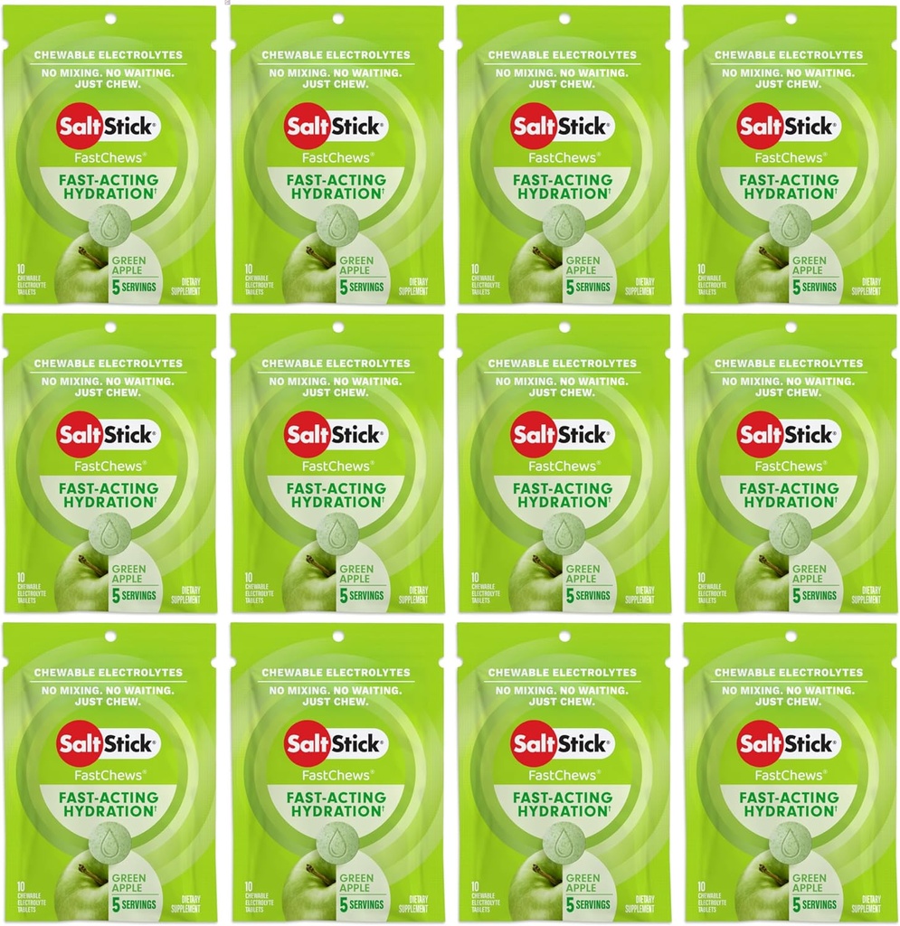 SaltStick Electrolyte FastChews - 120 Count Green Apple Flavor - Electrolyte Tablets for Hydration, Salt Tabs - 10 Count (Pack of 12)