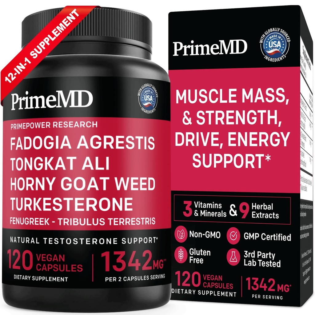 PrimeMD 12-in-1 Fadogia Agrestis και Tongkat Ali - Συμπλήρωμα τεστοστερόνης για άνδρες με Turkesterone - HornyGoatWeed for Men for συνολικών Well-Being with 1342mg Per Serving (120 Κάψουλες) (Pack of 1)