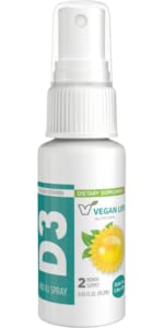 Διατροφή Ζωής Vegan - Βιταμίνη D3 Spray για Ενήλικες (400 IU) - 50% RDV - Πορτοκαλί-Flavored, Χωρίς γλουτένη, Μη-ΓΤΟ, Υποστηρίζει την υγεία των οστών και ανοσοποιητικό σύστημα - 0.65 Fl Ουγγιά