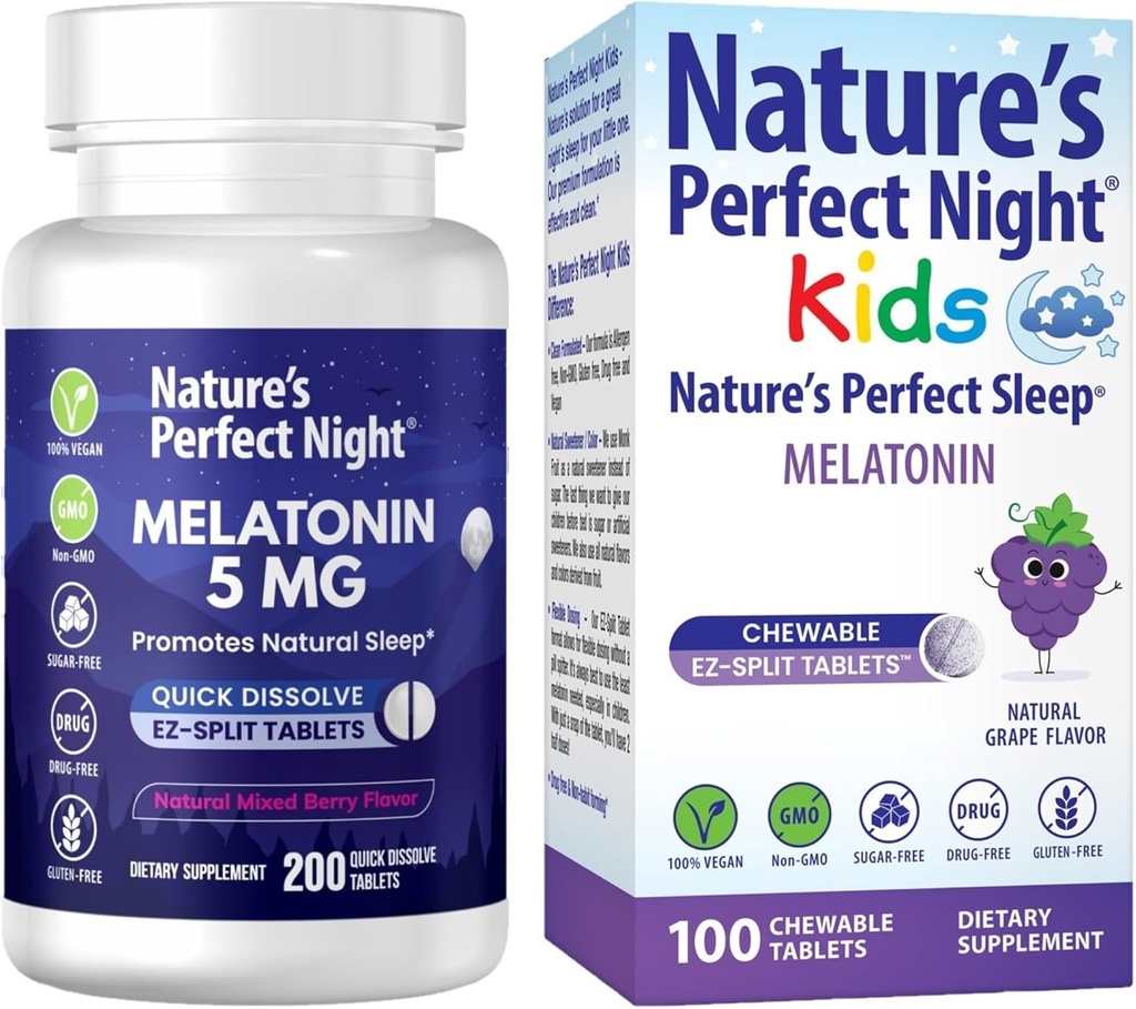 Nature's Perfect Night Sche | Melatonin 5mg | Çocuklar Melatonin 1mg | 200 Kont | 100 Count | Sugar Free | Gluten Free | Non-GMO | Vegan