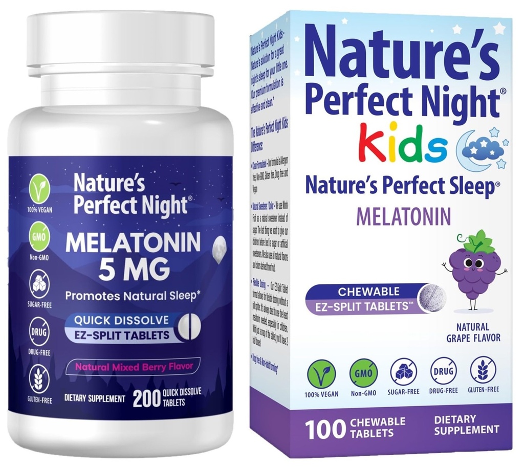 Nature's Perfect Night Sche | Melatonin 5mg | Çocuklar Melatonin 1mg | 200 Kont | 100 Count | Sugar Free | Gluten Free | Non-GMO | Vegan