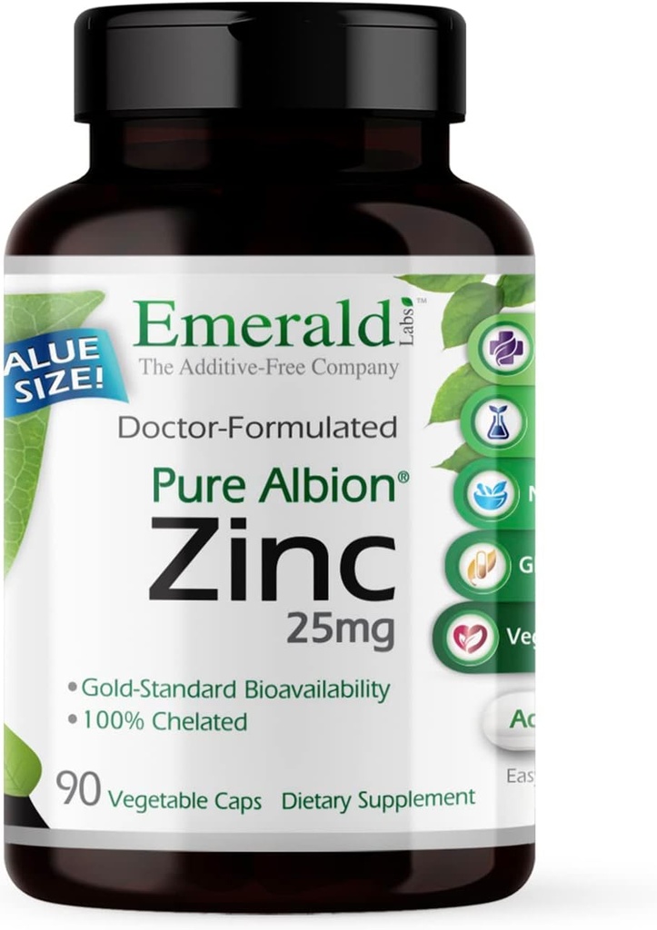 Emerald Labs Zinc 25mg - Ανοσοποιητική υποστήριξη, Digestive Health, Oxidative Stress Support - Κατασκευάζεται με ψευδάργυρο Bisglycinate - Vegan & Gluten-free - 90 κάψουλες λαχανικών