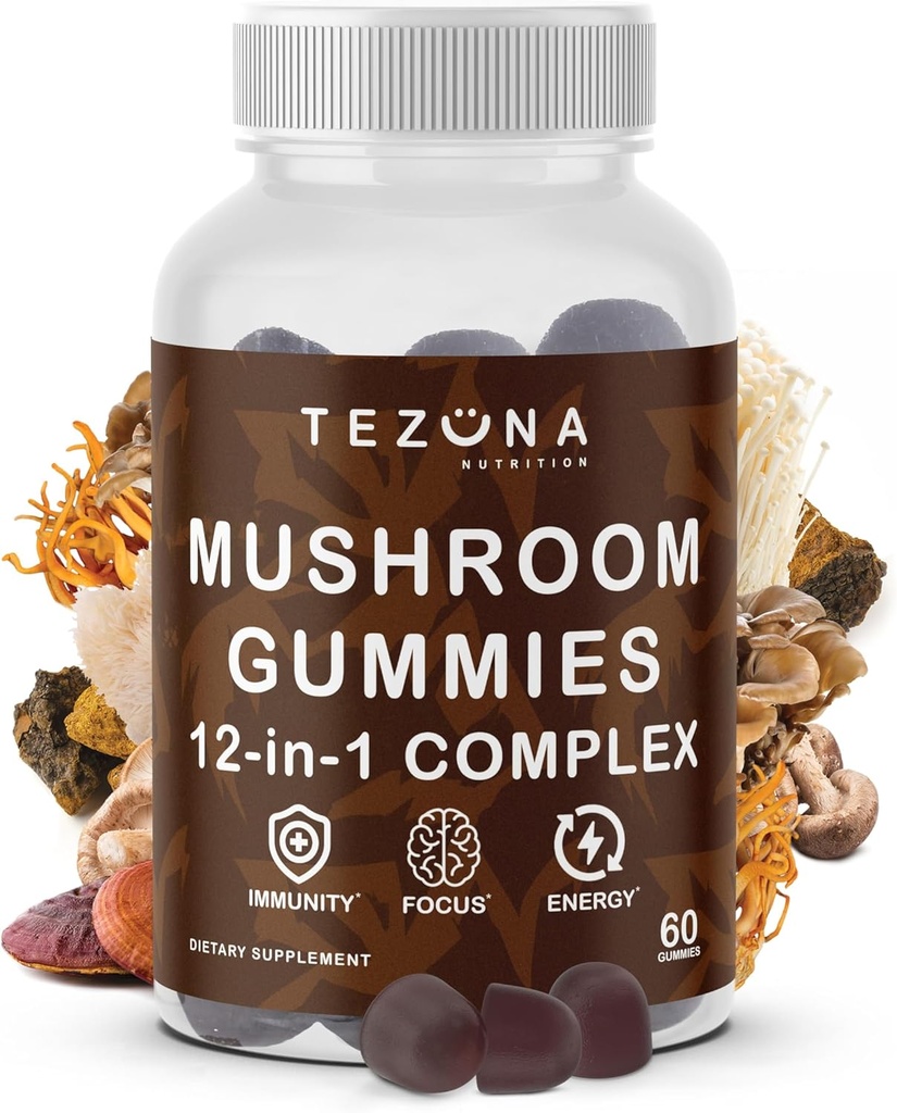 Mushroom Gummies 2 Pack, 12in-1 Kompleksi 3000 mg - Lions Mane, Türkiye Tail, Reishi, Cordyceps, Mushrooms Extract - Nootropic Brain Supplement for Memory and Focus, Boost Immunity and Energy Energy