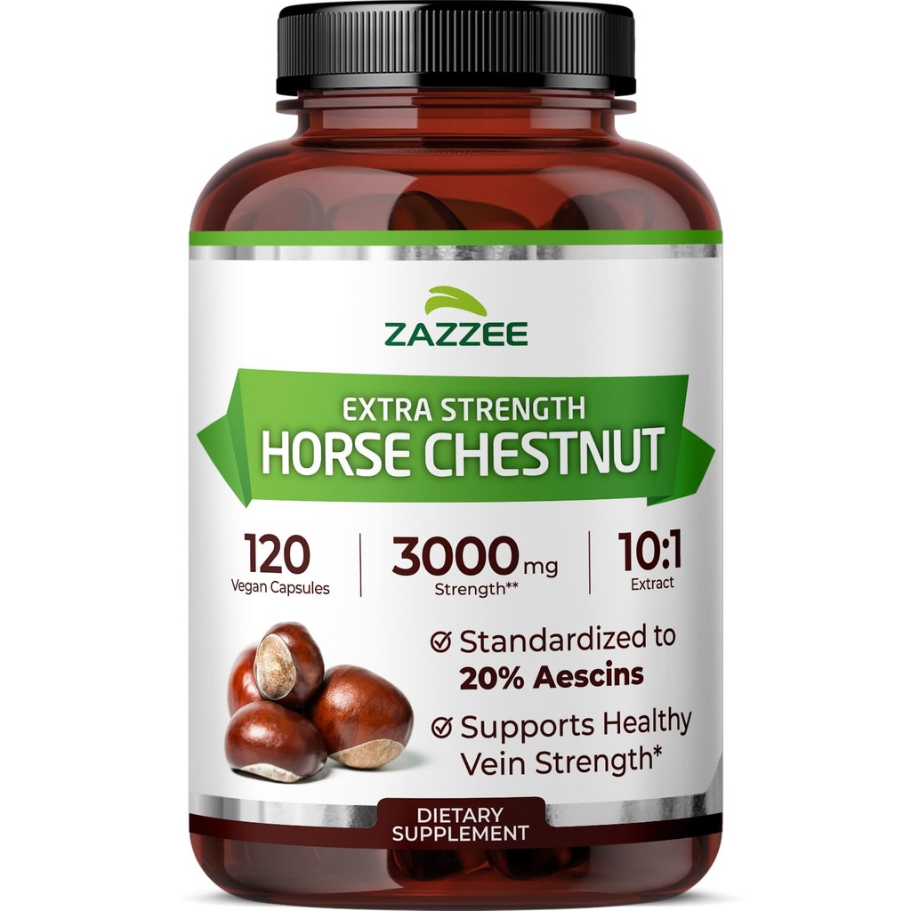 Zazzee Extra Strength Horse Chestnut 10:1 Ekstraksiyon, 3000 mg Güçlü,% 20 Aescins, 4 Ay Supply, 120 Vegan Capsules, Interd and Standardized 10X Extract, All- Natural, Non-GMO, Made in the USA