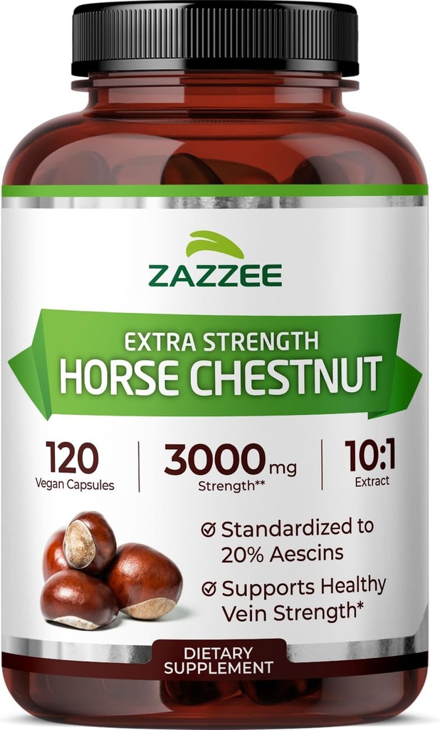 Zazzee Extra Strength Horse Chestnut 10:1 Extract, 3000 mg Δύναμη, 20% Aescins, 4 μήνες προσφοράς, 120 Vegan κάψουλες, συμπυκνωμένα και τυποποιημένα 10X Extract, όλα-φυσικά, μη-GMO, Κατασκευασμένο στις ΗΠΑ