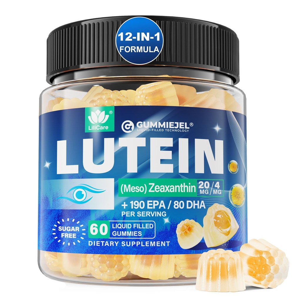Χωρίς ζάχαρη Lutein 20mg 40mg και Zeaxanthin Gummies for Eyes with Omega 3 (EPA 190mg & DHA 80mg), Lutein Συμπληρωμένες Βιταμίνες ματιών Filled Gummies Plus Bilberry, Goji Berry & Saffron, Vegan - 60 Count
