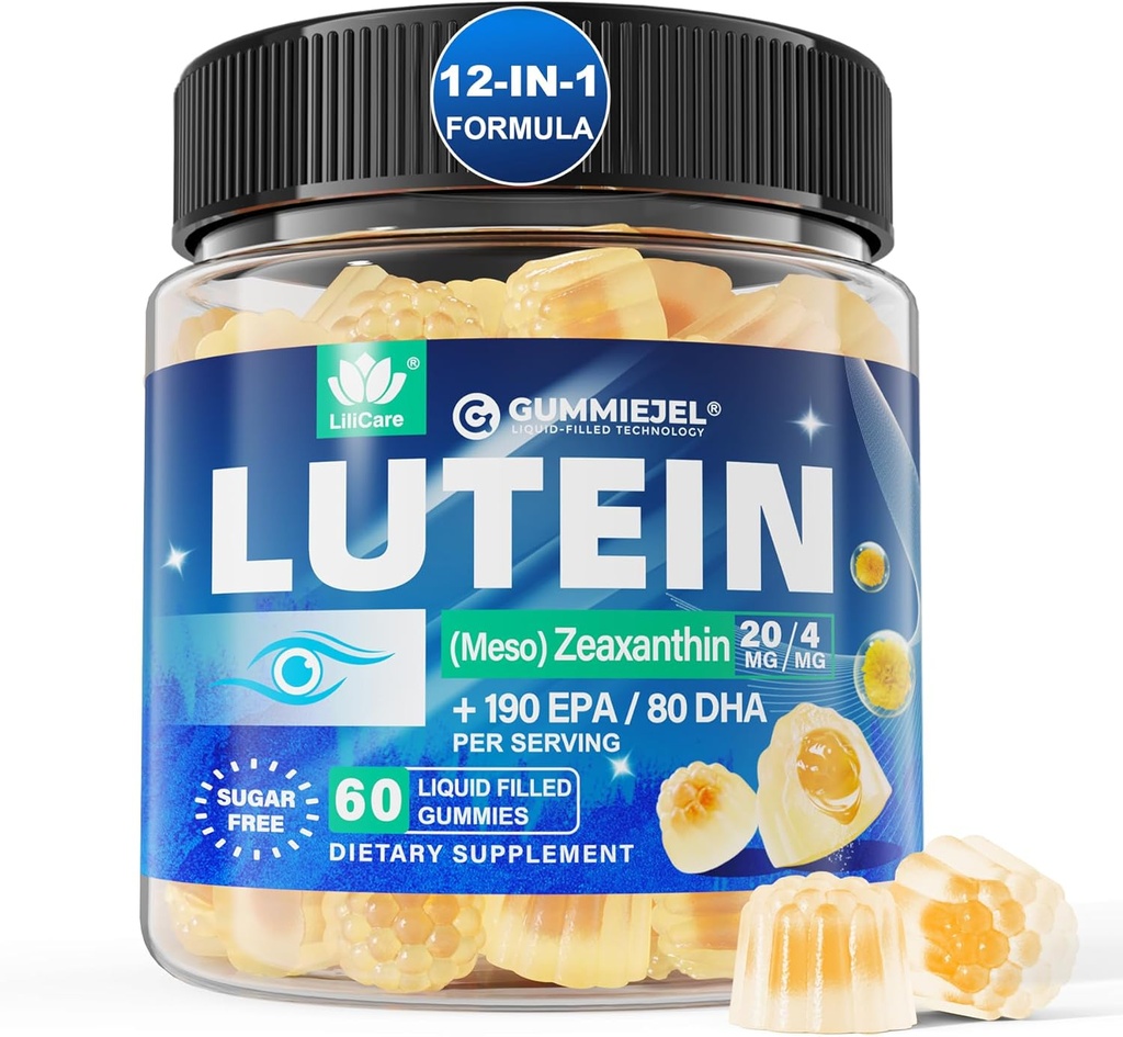 Sugar Free Lutein 20 mg 40mg ve Zeaxanthin Gummies for Eyes with Omega 3 (EPA 190 mg & DHA 80 mg), Lutein Supplements Eye Vitamins Tamamlanan Gummies Plus Bilberry, Cut Berry & Saffron, Vegan - 60