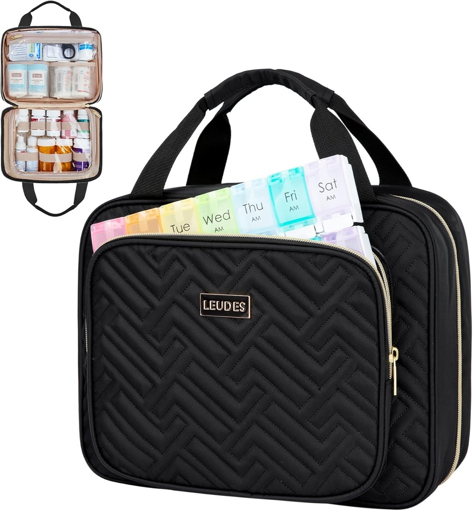 Leudes Travel Pill Şişe Organizer,Medicine Organizer ve Storage,Home Drug Bag, Cases,Carrier for Pills,Vitamin,Fish Oil,Supplements for Women and Men (Medium, Black)