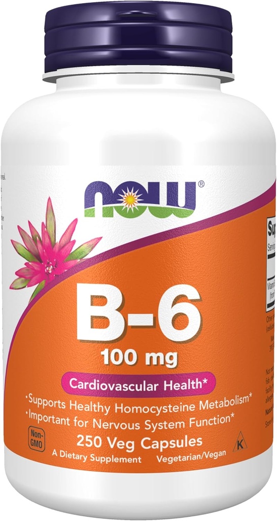 NOW Συμπληρώματα Τροφίμων, Βιταμίνη Β-6 (HCl Pyridoxine) 100 mg, Καρδιαγγειακή Υγεία, 250 κάψουλες Veg