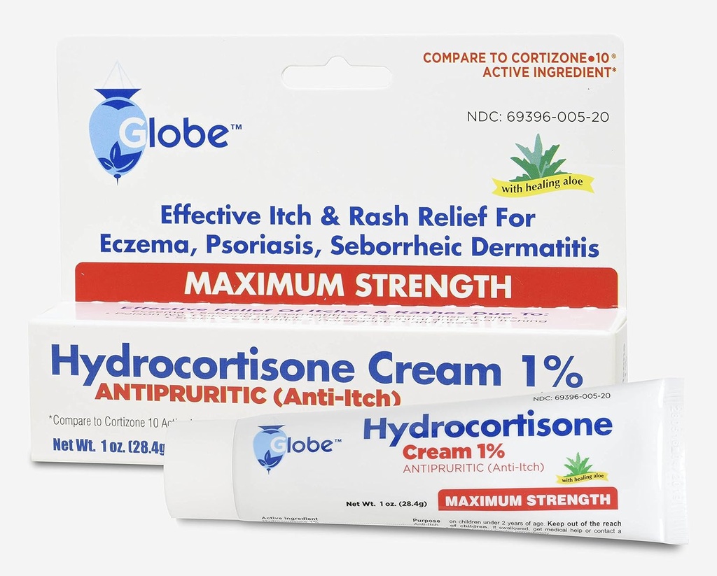 Globe Hydrocortisone maksimum güçlü krem% 1 w / Aloe, Redness için Anti-Itch Cream, Swelling, Itching, Rash & Dermatitis, Bug/Mosquito Bites, Eczema, Hemorrhoids & More